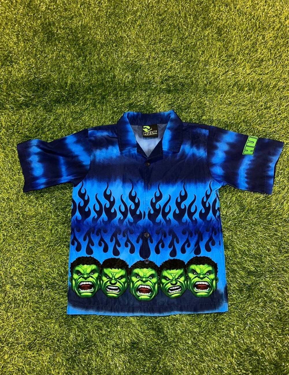 Hulk Button Down Shirt Size 6X Blue Flame Marvel 2003